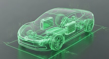 Transparent electric car cutaway showing internal components and powertrain