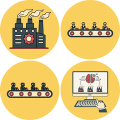 The evolution of industrial production: from traditional factories with pipes and manual labor to fully robotic lines controlled by artificial intelligence. A set of 4 images.