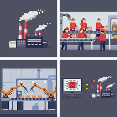 The evolution of industrial production: from traditional factories with pipes and manual labor to fully robotic lines controlled by artificial intelligence. A set of 4 images.
