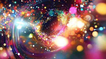 Swirling galaxy of vibrant bokeh lights and cosmic dust in a dyn