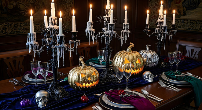Luxurious gothic Halloween dinner table setting with glowing jack-o'-lanterns and ornate candelabras. - Powered by Adobe