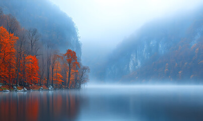 Autumnal Hues Reflected in Misty Lake, Forested Hills Enshrouded