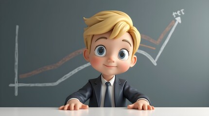 Young boy in business suit smiling at a desk with a graph showing growth in a modern office setting
