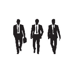 Vector silhouettes of men and a women, a group of standing business people, profile, black and white color isolated on white background