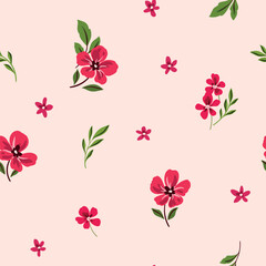 Seamless floral pattern, liberty ditsy print with red flowers in folk, rustic motif. Simple botanical design of small hand drawn flowers, green leaves in abstract composition on pink. Vector.