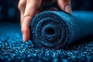 Hand unrolling a textured, vibrant blue carpet with subtle orang