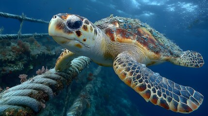 Obraz premium Detailed Close-Up of a Loggerhead Turtle Resting on a Rope Underwater