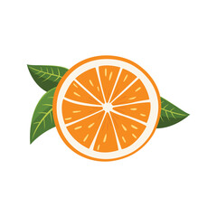 Flat Vector Illustration of Orange Fruit Slice with Green Leaves Isolated on White Background for Fresh and Healthy Food Design