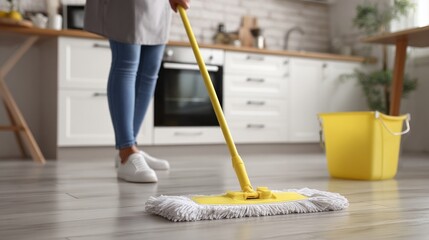 Woman cleaning floor with mop and bucket.