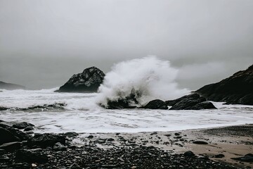 Crashing wave on rocks, overcast coastline, stormy weather