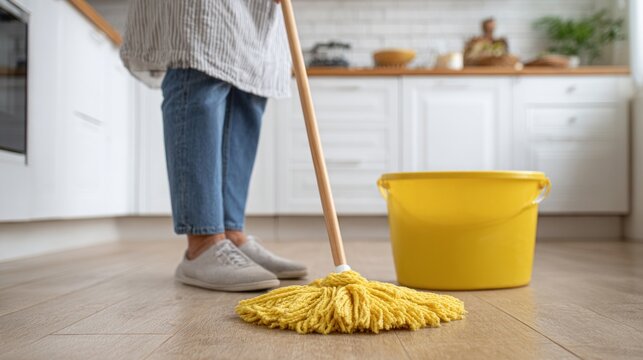 Woman cleaning kitchen floor with yellow bucket and mop.