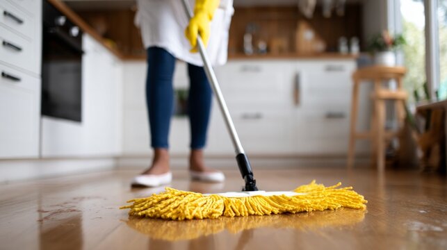 Woman cleaning kitchen floor with mop.
