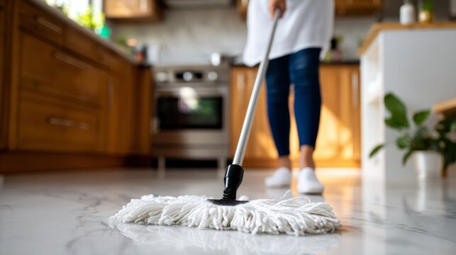 Woman cleaning kitchen floor.