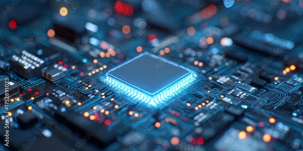 Wall mural close-up view of a microprocessor surrounded by circuit patterns and blue glow in technology concept
