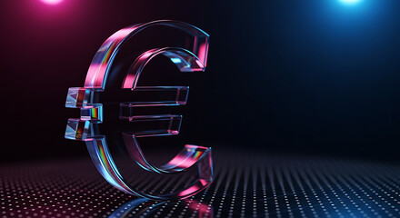 Illuminated euro symbol with vibrant neon lighting and a reflective surface