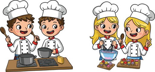 chef, children, kids, cooking, baking, cartoon, kitchen, food, dessert, teamwork, recipe, cupcake, illustration, 