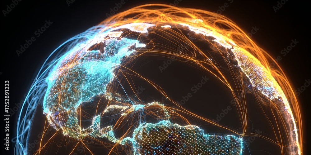 Wall mural abstract digital network globe with vibrant colors and glowing connections representing technology, 