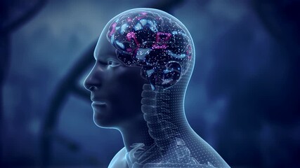 Translucent human head with glowing intricate red-blue wireframe hologram brain. 3d render animation 4k - Powered by Adobe