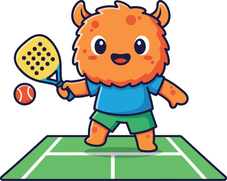 Cute Kawaii Macot Character Playing Padel Sport