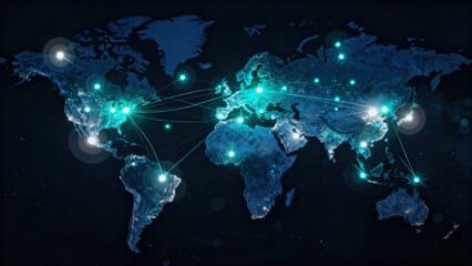 Global Strategy: Global connectivity map featuring illuminated connections across continents.