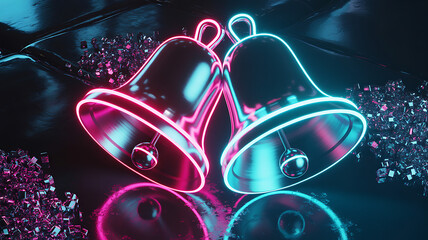 Two metallic bells with neon pink and blue outlines and confetti image