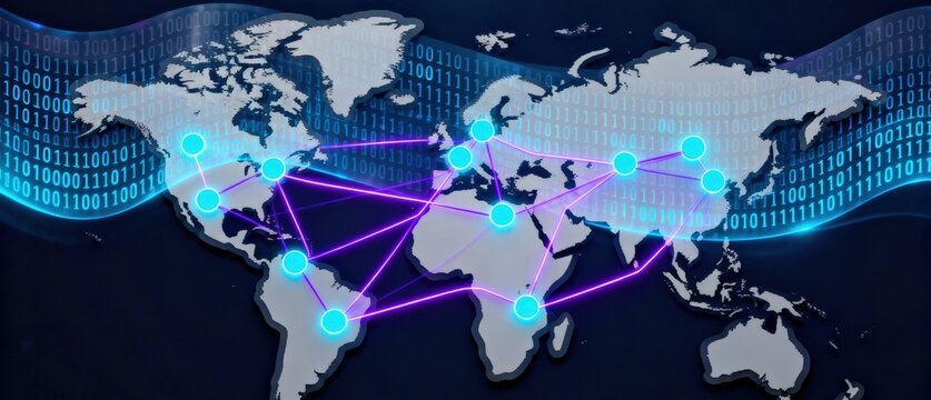 Global Strategy: Digital world map with network connections and binary code background.