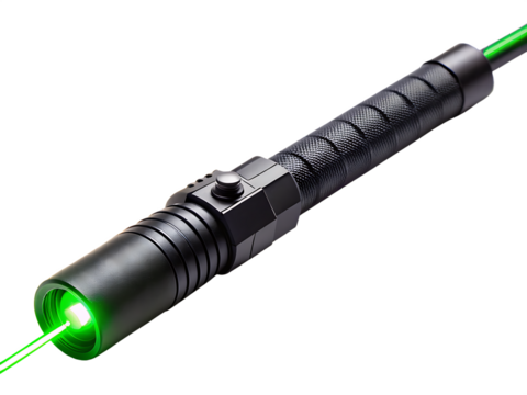 Sleek Black Tactical Laser Pointer With Green Beam isolated on white background ,PNG.AI Generated.