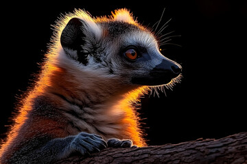 Obraz premium Ring-tailed Lemur Profile Illuminated by Golden Light Against Bl