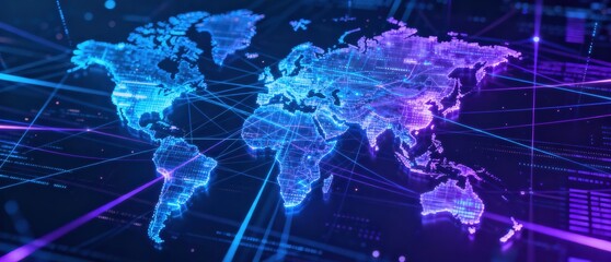 Global Strategy: Digital map of the world with vibrant data connections and glowing lines.