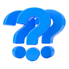Three 3D glossy blue question marks, clustered, on a transparent background, slightly angled