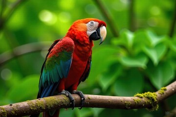Obraz premium Majestic Macaw with a Distinctive Overbite in a Lush Rainforest Setting A close up, eye level, naturalistic photograph of a vibrant Scarlet Macaw perched on a mossy branch in a lush, sun dappled