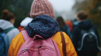 Woman carrying backpack walks down rainy street with group of people.