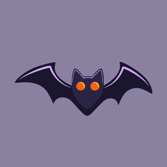 Dark bat with orange eyes flying on a gray background