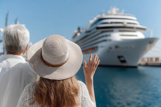 Elderly Couple on Vacation Enjoying a Relaxing Seaside Trip with Cruise Ship Sailing in Background