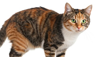 Obraz premium Calm Multi-colored Tabby Cat with Green Eyes Standing on White Background