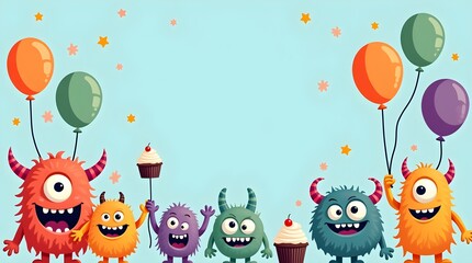 Fototapeta premium Cute Cartoon Monsters Celebrating Birthday with Cupcakes and Balloons, Cute Fantasy Monsters Having Fun at a Birthday Party or Halloween party, invetation card for halloween party, 