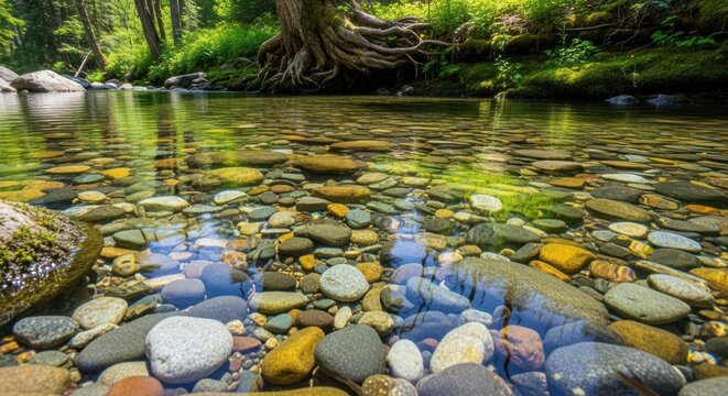 Crystal Riverbed: Sunlight Dancing on Smooth Stones in a Lush Forest Stream