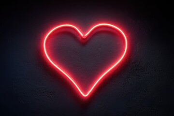 Neon heart sign glowing in vibrant red against a dark textured wall, creating a cozy ambiance with its clear, symmetrical shape for romantic or home decor themes