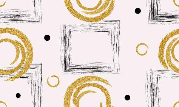 Seamless geometric pattern. Graphite black rectangles, golden circles and black circles on a white background.