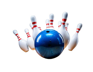  Blue Bowling Ball Hitting White Pins in Motion PNG