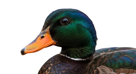 Colorful Male Mallard Duck Close Up Showing Vibrant Green Head and Orange Beak
