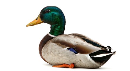 Obraz premium Male Mallard Duck Sitting on White Background with Vibrant Colors and Natural Details