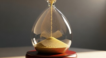 Close-up of a classic hourglass with golden sand flowing, symbolizing the passage of time.