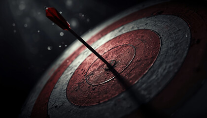 Red arrow piercing center of rough gray target with flying dust particles in dramatic low angle close up for clean success visuals
