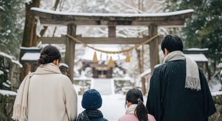 雪の降る日に神社へ初詣に訪れた家族の後ろ姿