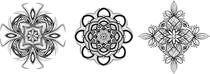 Intricate black and white mandala designs with symmetrical patterns, perfect for artistic backgrounds.
