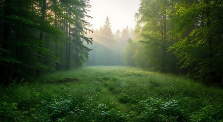 Obraz premium Magical sunbeams cut through the mist, illuminating a lush, vibrant green forest meadow at dawn, creating an enchanting and serene natural landscape.