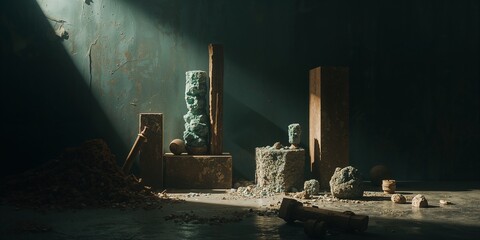 Obraz premium Moody industrial still life featuring weathered concrete blocks, corroded green textures, and dark wooden beams under stark directional lighting, evoking urban decay.