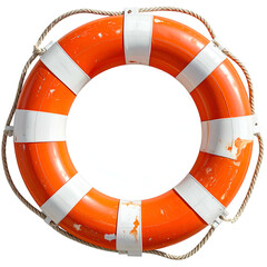 An orange and white life preserver with a rope and white stripes. Isolated on white