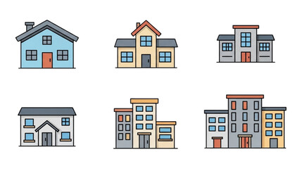 Set of Colorful Building Icons for Architectural Designs and Urban Concepts